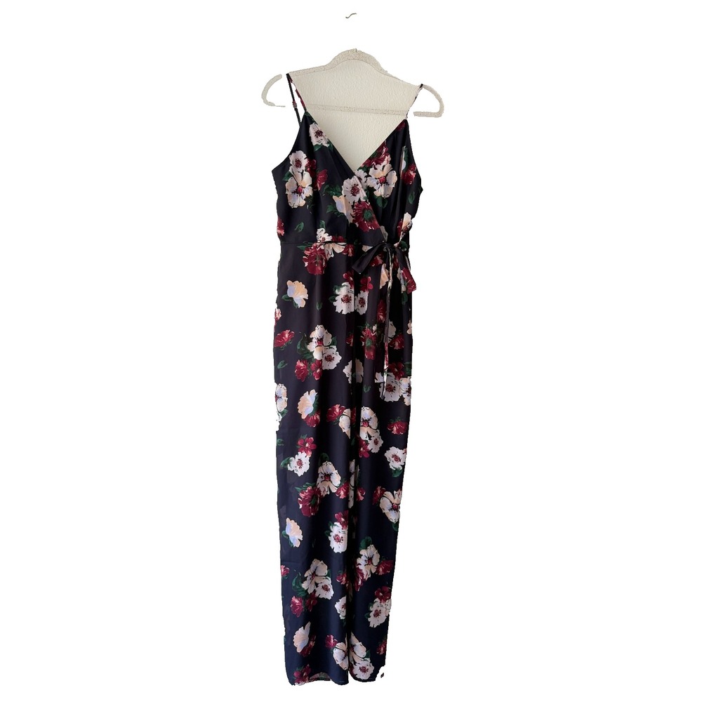 Rokoko Jumpsuit Womens L Navy Floral Wrap Tie Waist V-Neck Wide Leg Romper Style